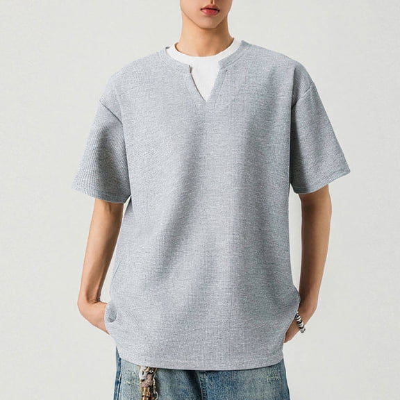 Tshirts Shirts for Men, Men's Solid Color Casual Fake Two Piece Short Sleeved Round Neck Shirts