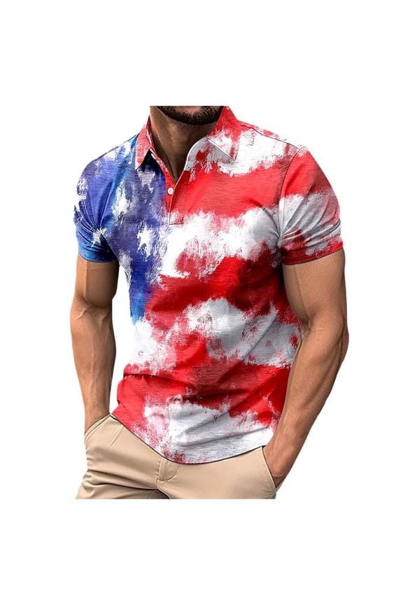 Tshirts Shirts for Men Short Sleeve Polo Tops Lapel Button Down Funny Star Flag Printed Graphic Mens Shirts
