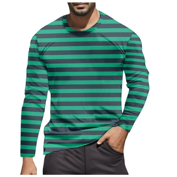 Tshirts Shirts for Men Striped Color Blocked Casual Trend Crew Neck Long Sleeve Tees Stretchy Fall Warm Basic Mens Shirts Green XL