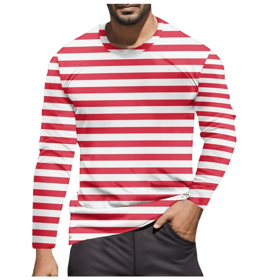 Tshirts Shirts for Men Striped Color Blocked Casual Trend Crew Neck Long Sleeve Tees Stretchy Fall Warm Basic Mens Shirts Red M