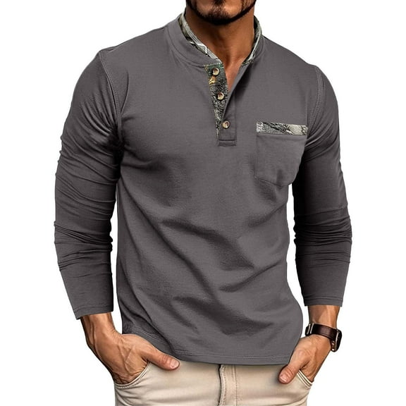 Tshirts Shirts for Men with Pocket Button Stand Collared Long Sleeve Tees Tops Casual Printed Slim Fit Basic Comfort Pullover T-Shirts