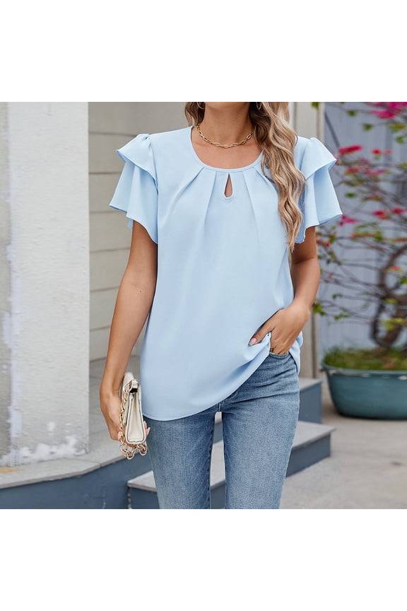 Tshirts Shirts for Women Casual Solid Color Crew Neck Hollow Double Layer Short Sleeve Features Womens Tops Light Blue XL