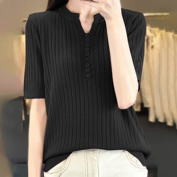 Tshirts Shirts for Women, Xunlbb Fashion Women's Casual Solid Color Knit Short Sleeve V-Neck Blouses Shirts(Black,L)