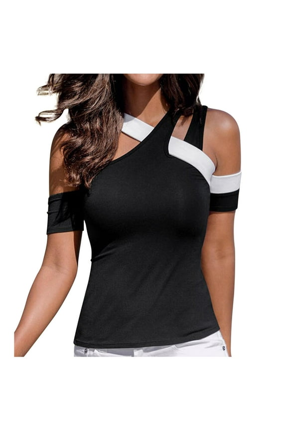 Tshirts Shirts for Women Cold Shouder Short Sleeve Tops Irregular Criss Cross Camisole Casual Blouse Tee