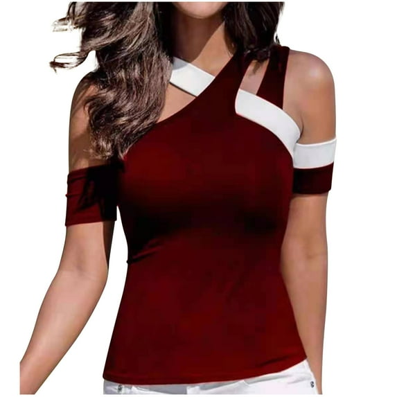 Tshirts Shirts for Women Cold Shouder Short Sleeve Tops Irregular Criss Cross Camisole Casual Blouse Tee