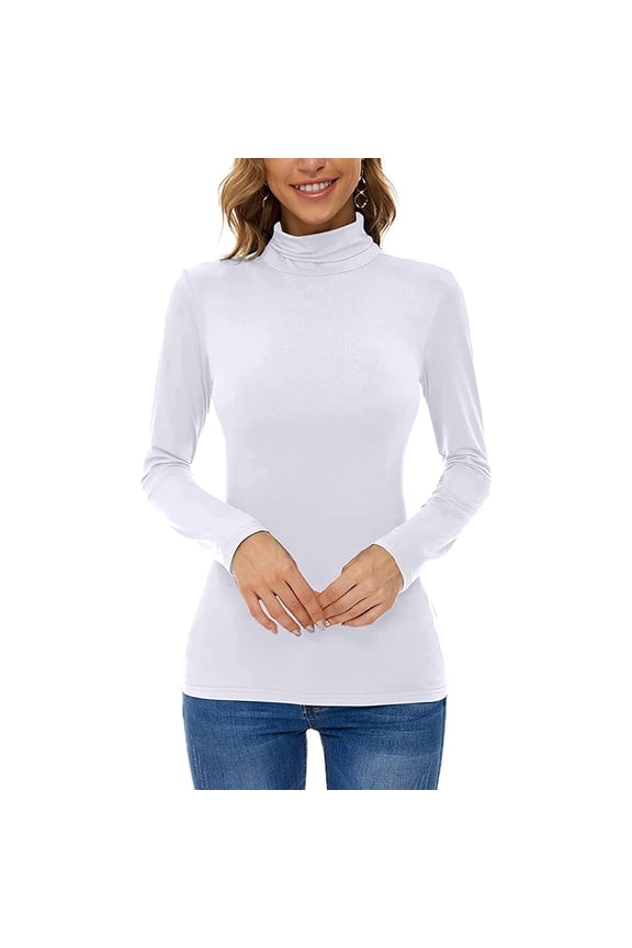 Tshirts Shirts for Women Fall Slim Solid Long Sleeve High-Neck Casual Bottoming Base Shirt Tops for Women Trendy White S