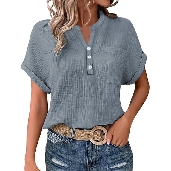 Tshirts Shirts for Women Fashion Breathable Batwing Sleeve Pocket Patched Casual Work Double Layer Wrinkled Fabric Womens Summer Tops Grey L