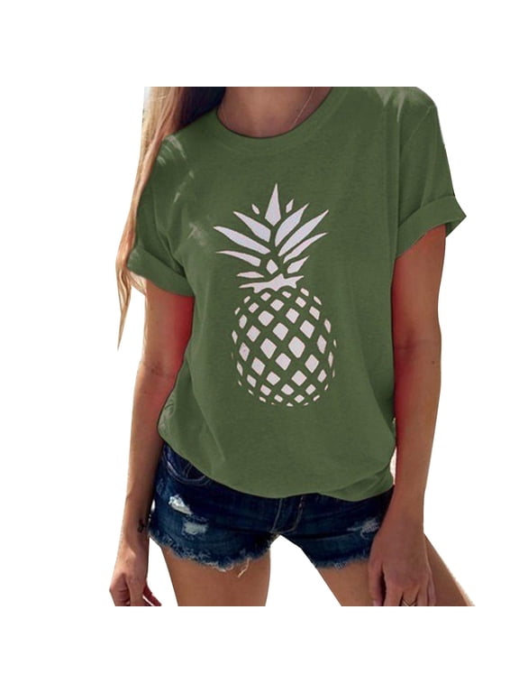 Tshirts Shirts for Women Fashion Breathable Pineapple Print Crew Neck Short Sleeve Womens Summer Tops Green XXL
