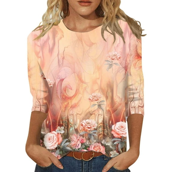 Tshirts Shirts for Women Fashion Summer Round Neckline 3/4 Sleeve Comfortable Floral Print Orange Workout Tops Sizes 2XL