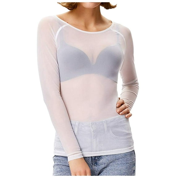 Tshirts Shirts for Women Long Sleeve Arm Mesh Shirt Blouse Tops for Women Trendy White L