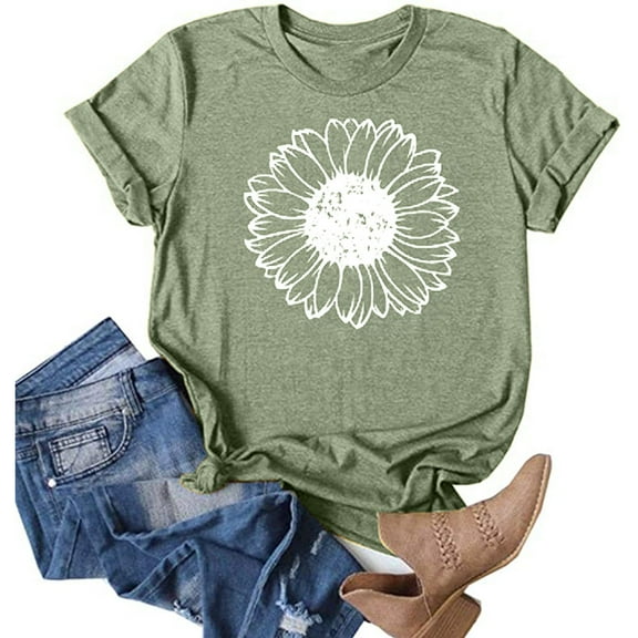 Tshirts Shirts for Women Loose Fit Floral Printing Short Sleeve Round-Neck Top Casual Tees for Women Light Green S