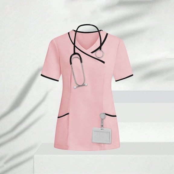 Tshirts Shirts for Women New Women's Nurses Tunic Uniform Clinic Carer V-Neck Protective Clothing Style B-45 Pinky XXL