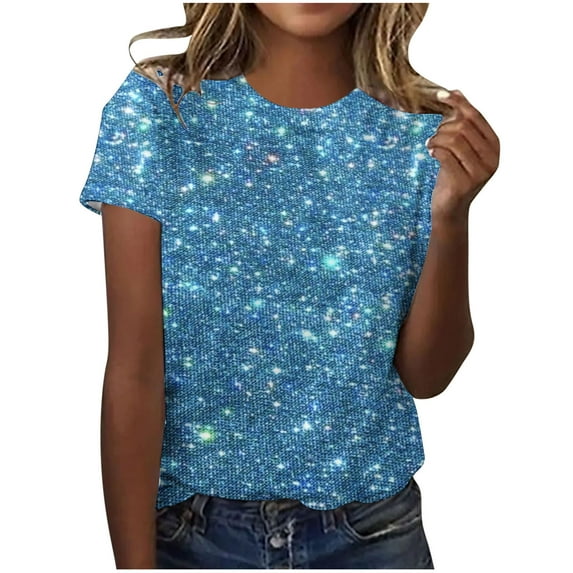 Tshirts Shirts for Women Summer Casual Tee Shirts Loose Sparkling Crystal Printed Round Neck Short Sleeved Tops Dark Blue M