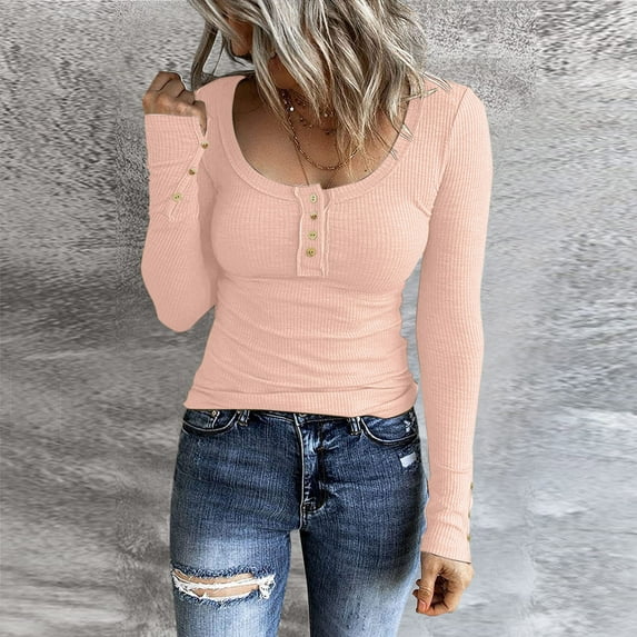 Tshirts Shirts for Women, WNEGSTG Long Sleeve Women Henley T Button Down Slim Fit Tops Scoop Neck Ribbed Knit