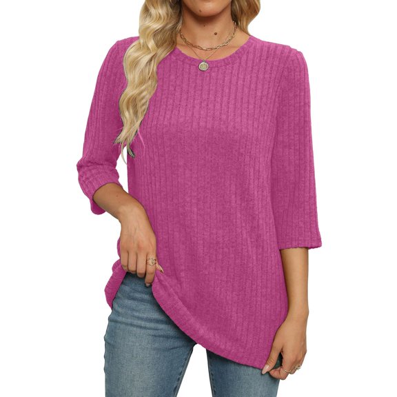 Tshirts Shirts for Women Women's Fashion And Winter Casual Round Neck Brushed Ribbed Solid Color Three-quarter Sleeve T-shirt Women's Clothing