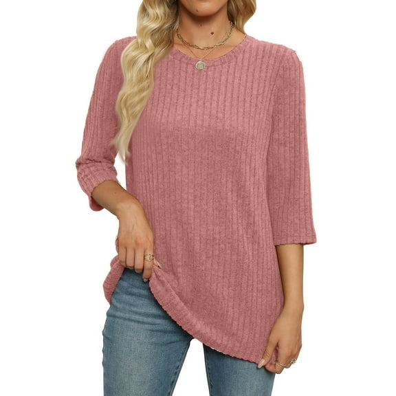 Tshirts Shirts for Women Women's Fashion And Winter Casual Round Neck Brushed Ribbed Solid Color Three-quarter Sleeve T-shirt Women's Clothing