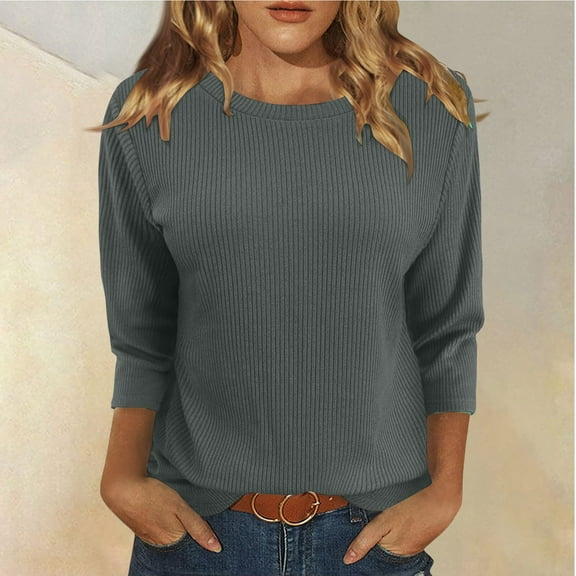 Tshirts Shirts for Women Women's Fashion And Winter Casual Round Neck Brushed Ribbed Solid Color Three-quarter Sleeve T-shirt