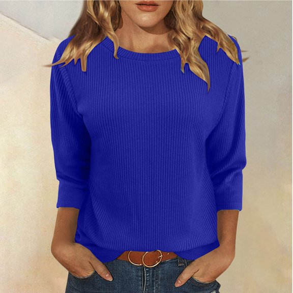 Tshirts Shirts for Women Women's Fashion And Winter Casual Round Neck Brushed Ribbed Solid Color Three-quarter Sleeve T-shirt