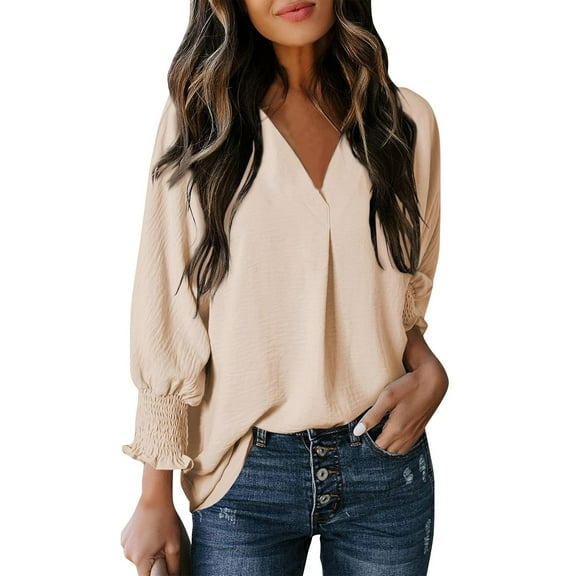 Tshirts Shirts for Women Women's Fashion V-neck Casual Long Sleeve Loose Shirt Blouse Tops Smock T-Shirt