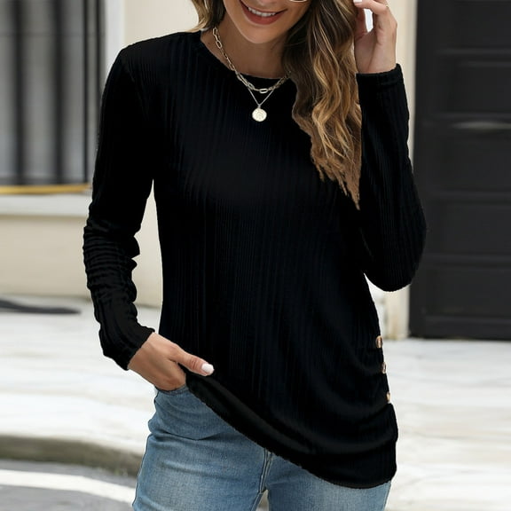Tshirts Shirts for Women Women's Fashionable Solid Color Round Neck Long Sleeved Button Up Long Sleeved Pullover T-shirt Top