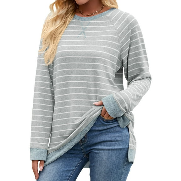 Tshirts Shirts for Women Women's Fashionable Striped Round Neck Long Sleeved Loose T-shirt Top
