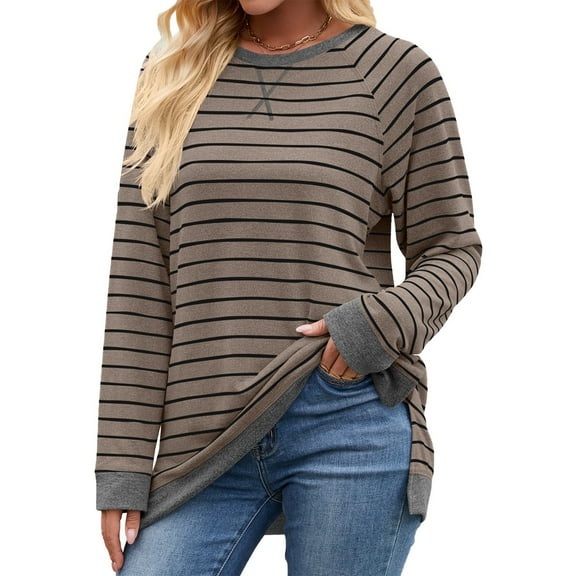 Tshirts Shirts for Women Women's Fashionable Striped Round Neck Long Sleeved Loose T-shirt Top