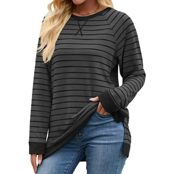 Tshirts Shirts for Women Women's Fashionable Striped Round Neck Long Sleeved Loose T-shirt Top