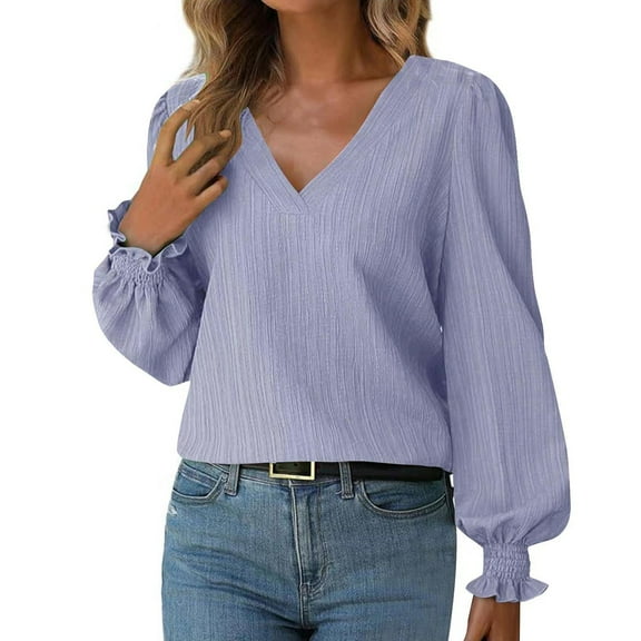 Tshirts Shirts for Women Women's V-neck Long-sleeved Solid Color Shirt Blouse Autumn Tops