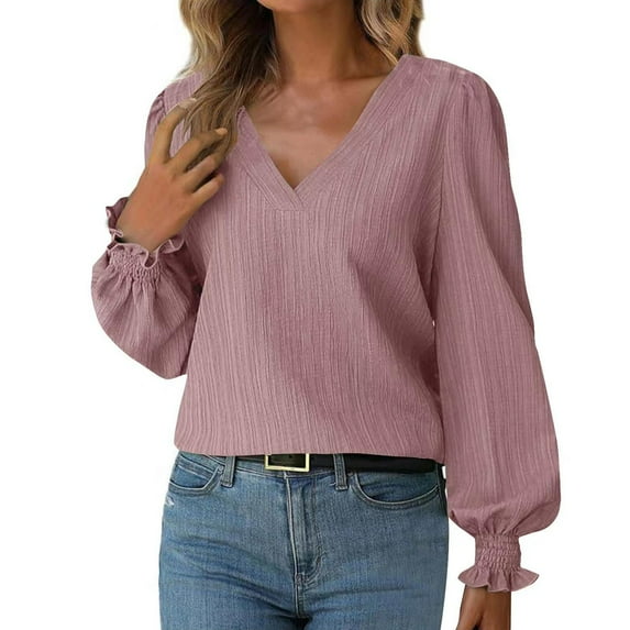 Tshirts Shirts for Women Women's V-neck Long-sleeved Solid Color Shirt Blouse Autumn Tops