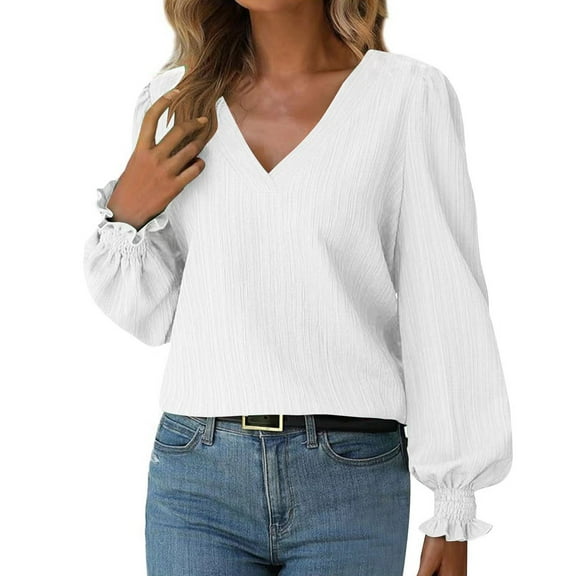 Tshirts Shirts for Women Women's V-neck Long-sleeved Solid Color Shirt Blouse Autumn Tops