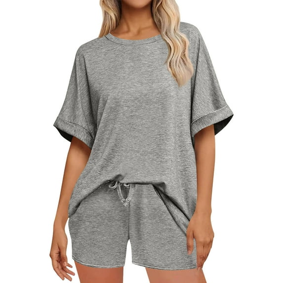Tshirts and Shorts for Women 2 Piece Summer Outfits Casual Solid Crew Neck Short Sleeve Shirts Tops Drawstring Elastic Waist Short Pants Sets,Ot-7,Gray,M