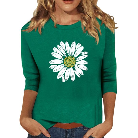 Tshirts Women Trendy Women's Fashion Casual 3/4 Split Sleeve Small Printed Round Neck Top