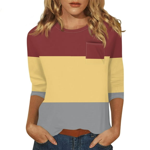 Tshirts Women Trendy Women's Fashion Casual Three Quarter Sleeve Print Round Neck Pocket Pullover Top Blouse