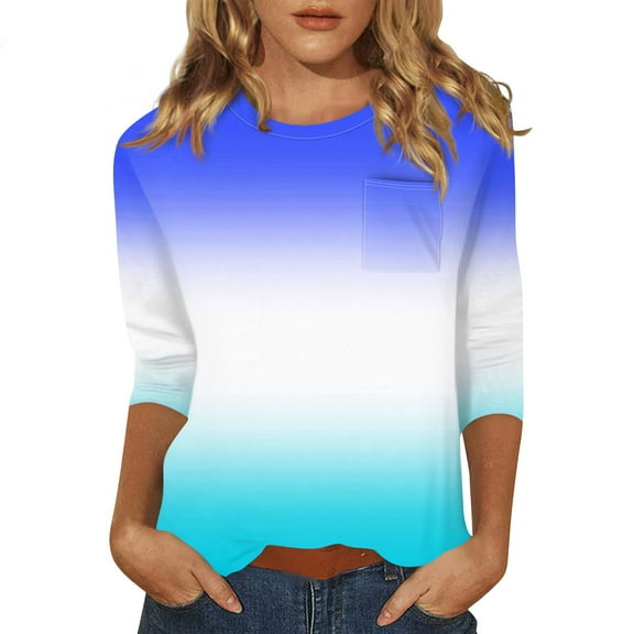 Tshirts Women Trendy Women's Fashion Casual Three Quarter Sleeve Print Round Neck Pocket Pullover Top Blouse