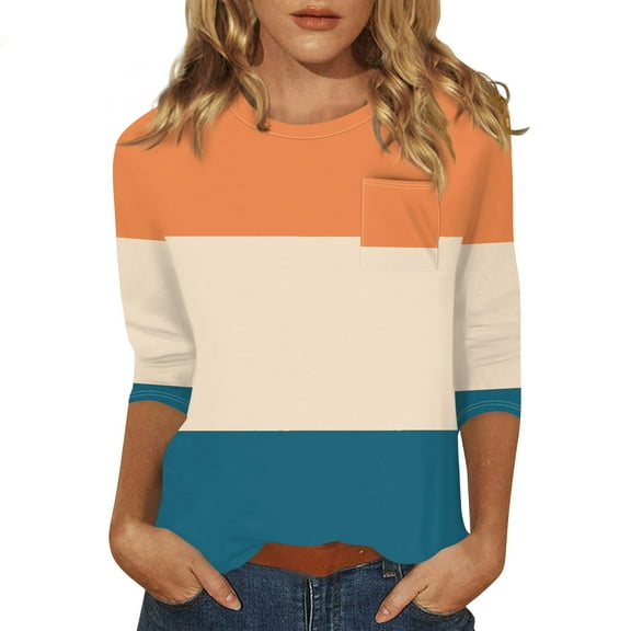 Tshirts Women Trendy Women's Fashion Casual Three Quarter Sleeve Print Round Neck Pocket Pullover Top Blouse