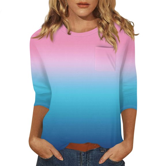Tshirts Women Trendy Women's Fashion Casual Three Quarter Sleeve Print Round Neck Pocket Pullover Top Blouse
