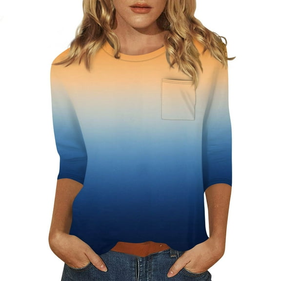 Tshirts Women Trendy Women's Fashion Casual Three Quarter Sleeve Print Round Neck Pocket Pullover Top Blouse