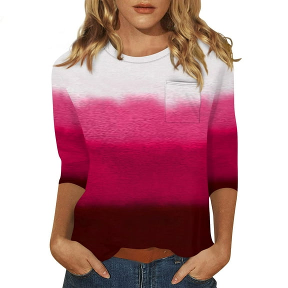 Tshirts Women Trendy Women's Fashion Casual Three Quarter Sleeve Print Round Neck Pocket Pullover Top Blouse