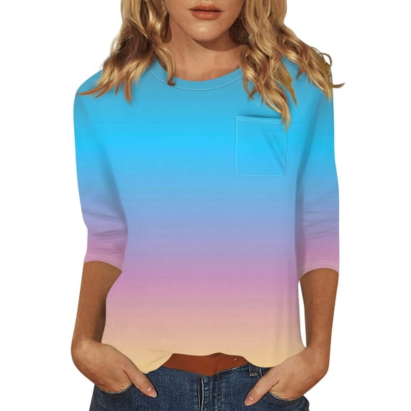 Tshirts Women Trendy Women's Fashion Casual Three Quarter Sleeve Print Round Neck Pocket Pullover Top Blouse