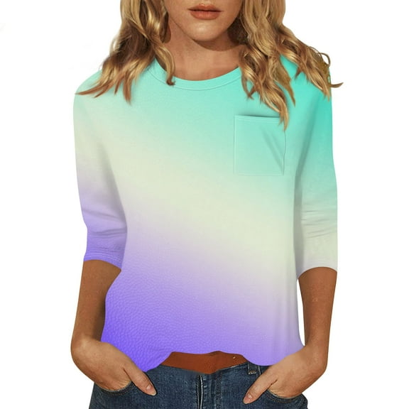 Tshirts Women Trendy Women's Fashion Casual Three Quarter Sleeve Print Round Neck Pocket Pullover Top Blouse