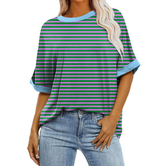 Tshirts Women Trendy Women's Loose Oversized Gradient Striped Printing Rround Neck, Shoulder Length Short Sleeved T-shirt Top