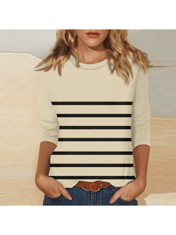 Tshirts Women Trendy Women's O-neck 3/4 Sleeve Printed Top Casual Everyday Top
