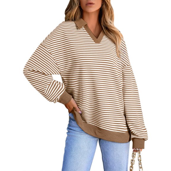 Tshirts Women Trendy Women's Pullover Casual And Fashionable V-neck Striped Sweatshirt Top