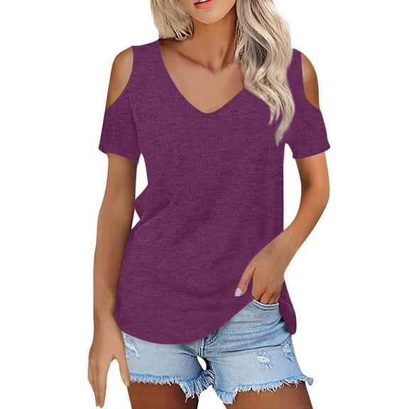 Tshirts Women Trendy Women's Summer Fashion Casual Solid Color Strapless V-Neck Short Sleeve T-Shirt Top