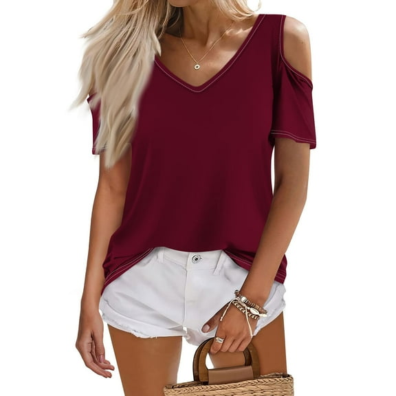 Tshirts Women Trendy Women's Summer Fashion Casual Solid Color V-Neck Short Sleeve T-Shirt Top