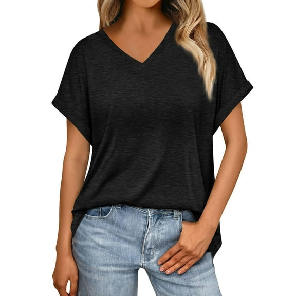 Tshirts Women Trendy Women's Summer Fashion Solid Color V-Neck Loose Short Sleeve T-Shirt Top