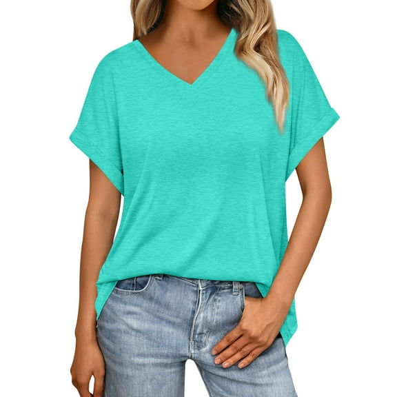 Tshirts Women Trendy Women's Summer Fashion Solid Color V-Neck Loose Short Sleeve T-Shirt Top