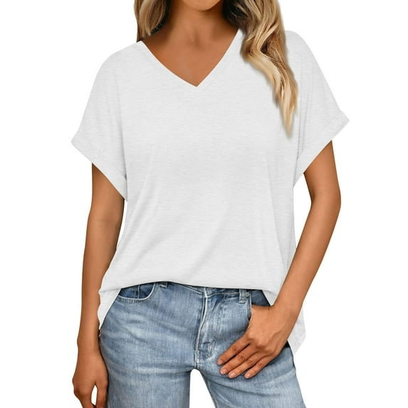 Tshirts Women Trendy Women's Summer Fashion Solid Color V-Neck Loose Short Sleeve T-Shirt Top