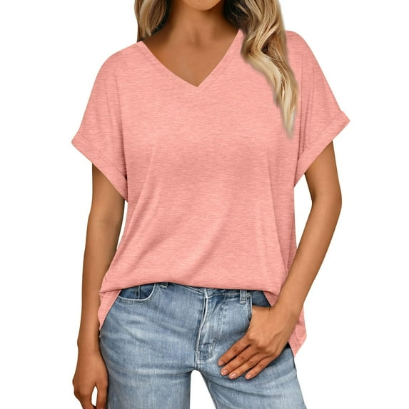 Tshirts Women Trendy Women's Summer Fashion Solid Color V-Neck Loose Short Sleeve T-Shirt Top