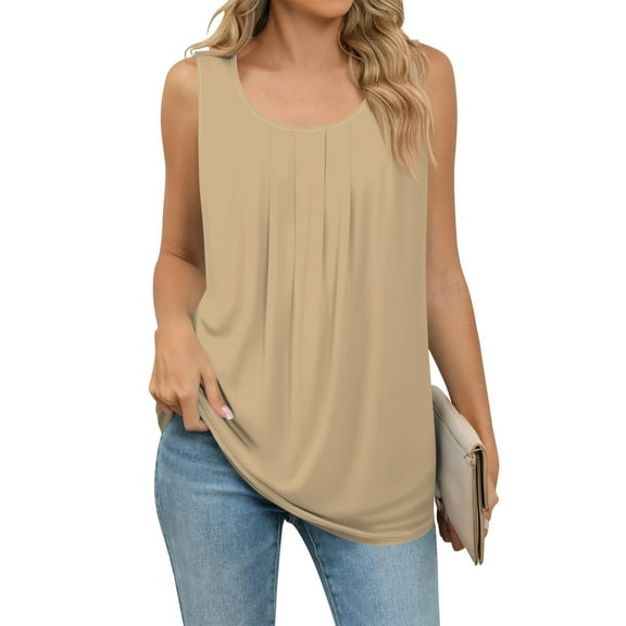 Tshirts Women Trendy Women's Summer Loose Vest Sleeveless Round Neck Pleated Casual Solid ColorTop